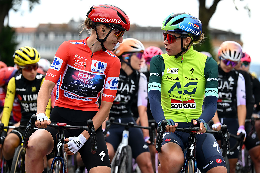 Franziska Koch of Germany (FDJ United - SUEZ) and Shari Bossuyt of (AG Insurance - Soudal) before the start of stage 3 of the 2026 La Vuelta Femenina. (Photo by Szymon Gruchalski/Getty Images)