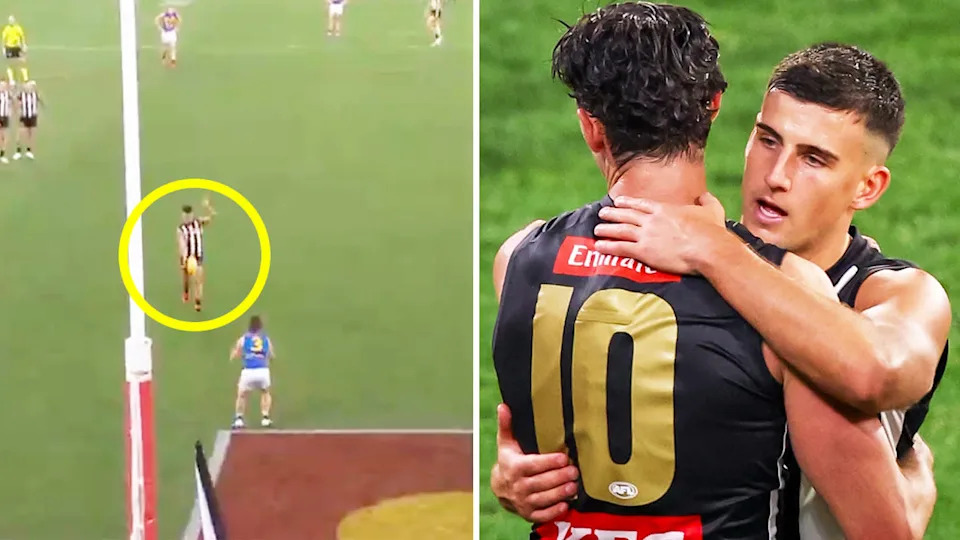 Nick Daicos kicks a goal and Daicos celebrates.