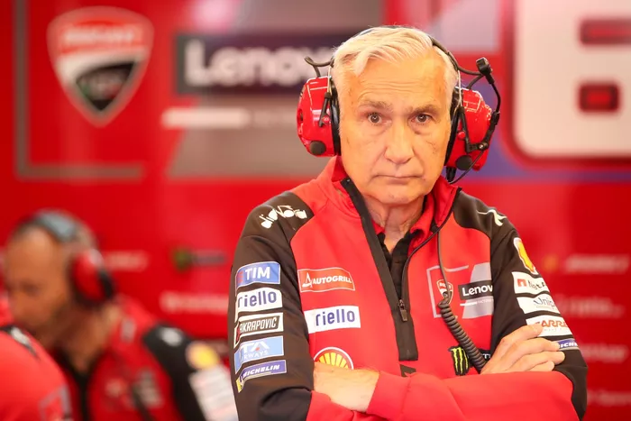 Davide Tardozzi, Team Manager of the Ducati Team, in the garage.
