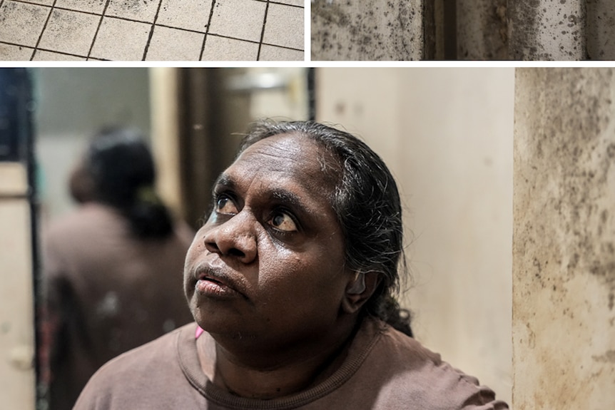 a composite of a woman looking at a floor and walls covered in black mould
