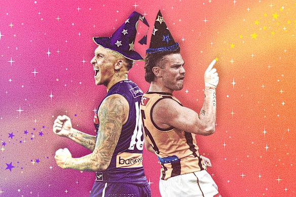 The wizards of the AFL go head to head: Fremantle’s Shai Bolton (left) and Hawthorn’s Nick Watson. 