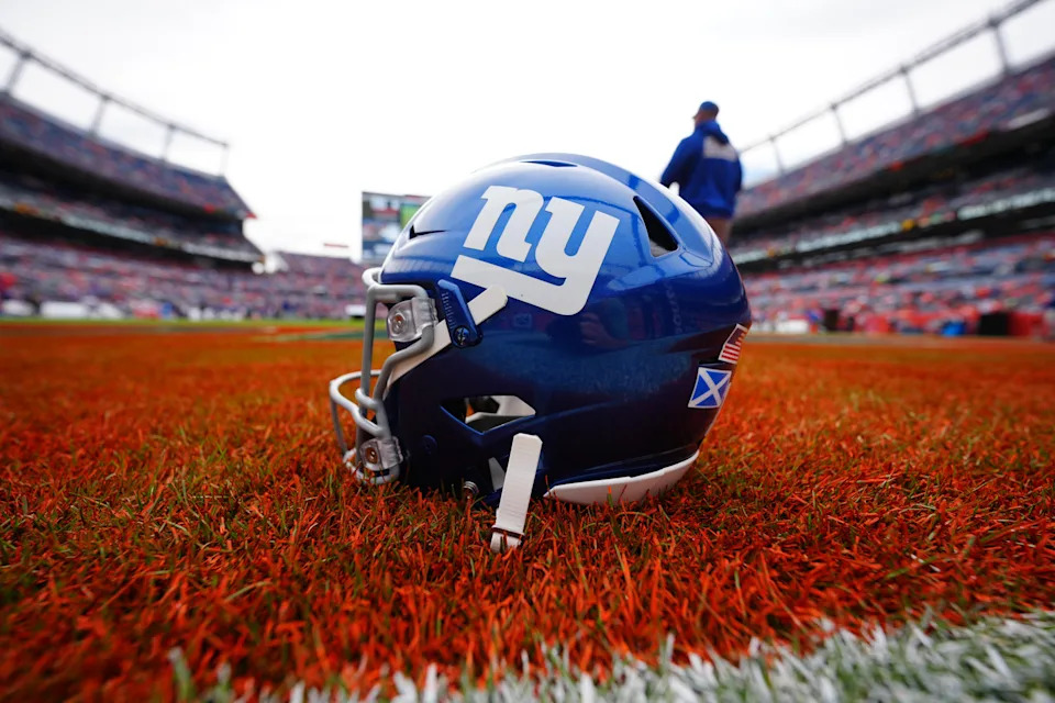 Oct 19, 2025; Denver, Colorado, USA; A general view of the New York Giants helmet before the game against the Denver Broncos at Empower Field at Mile High. Mandatory Credit: Ron Chenoy-Imagn Images