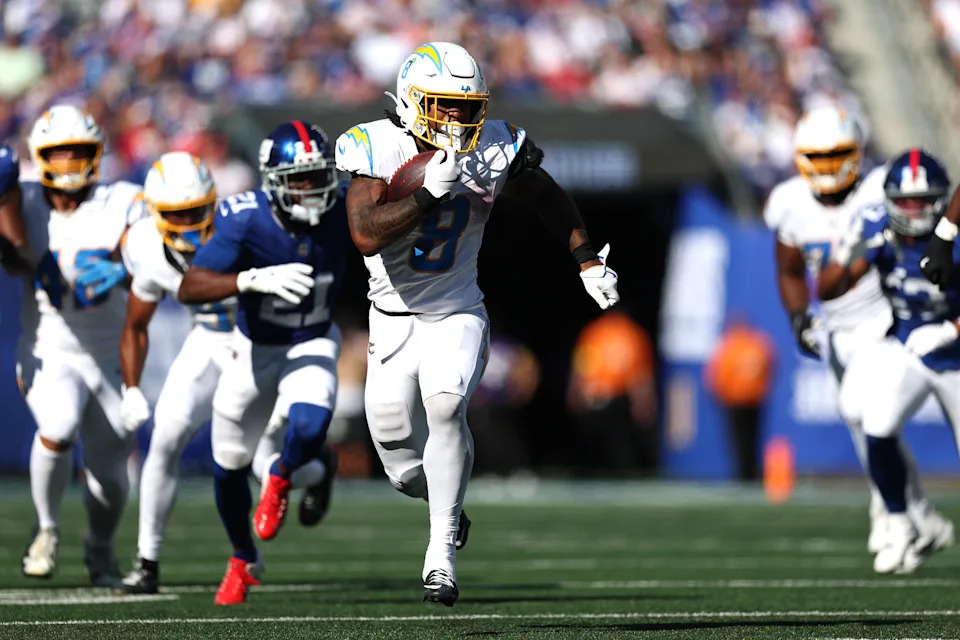 Omarion Hampton (8) could shine in Mike McDaniel's new Chargers offense. (Photo by Ishika Samant/Getty Images)