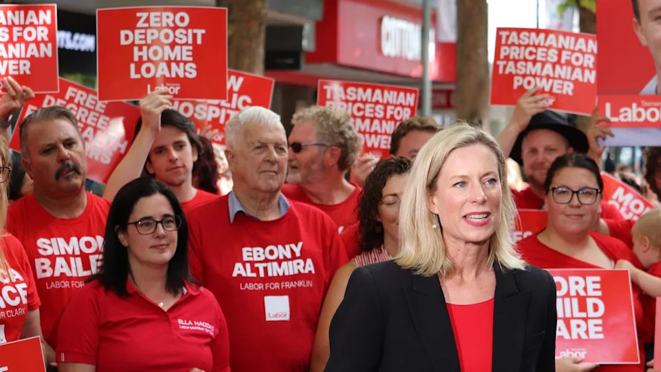 Rebecca White in front of supporters