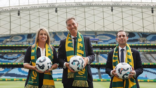 New Football Australia chief executive Martin Kugeler (centre) with Heather Garrick, executive general manager of football, and chairman Anter Isaac.