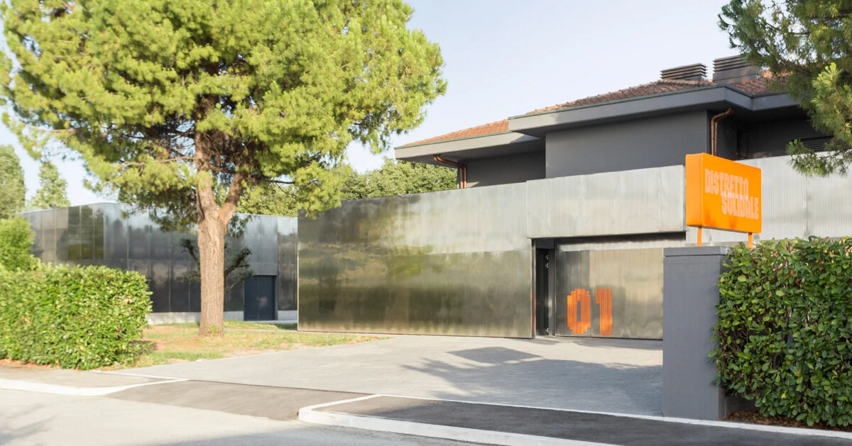 mirrored aluminum facade blurs social space into the italian landscape