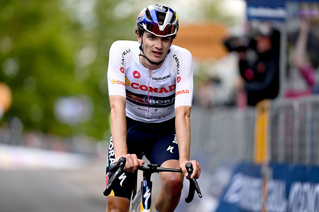 CORNO ALLE SCALE, ITALY - MAY 17: Giulio Pellizzari of Italy and Team Red Bull - BORA - hansgrohe - White Best Young Rider Jersey crosses the finish line during the 109th Giro d&amp;apos;Italia 2026, Stage 9 a 184km stage from Cervia to Corno alle Scale 1469m / #UCIWT / on May 17, 2026 in Corno alle Scale, Italy. (Photo by Tim de Waele/Getty Images)