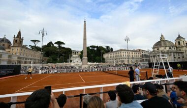 Novak Djokovic hit on a temporary clay tennis court at Piazza del Popolo in Rome on Tuesday.