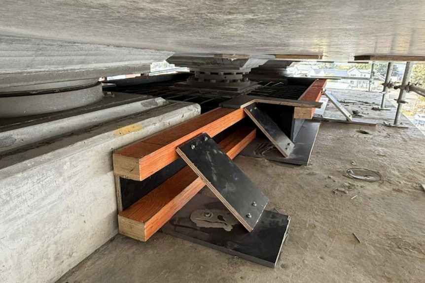 Formwork in place for a concrete pour in a bridge structure.
