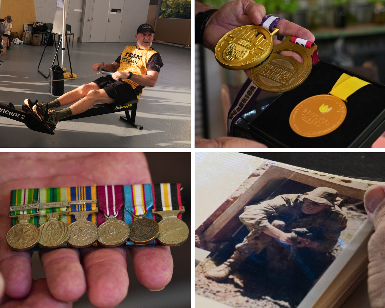 A composite of four images including a man on a rowing machine, medals and a printed photo.