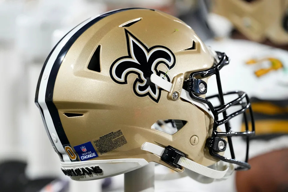 Dec 23, 2024; Green Bay, Wisconsin, USA; General view of a New Orleans Saints helmet during the game against the Green Bay Packers at Lambeau Field. Mandatory Credit: Jeff Hanisch-Imagn Images