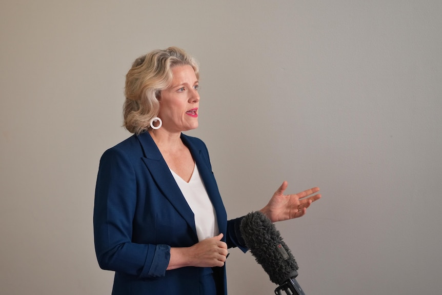 A woman talks from a podium.