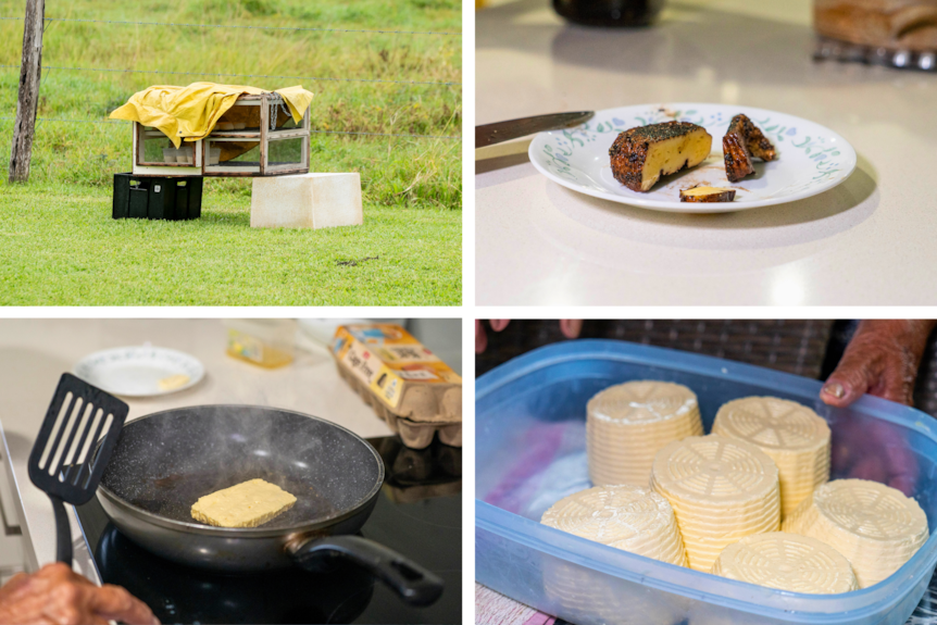 Images of different cheeses and a cheese drying rack.