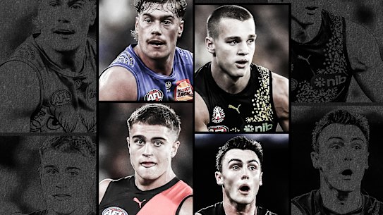 Some of the brightest young stars of four fallen powerhouses (clockwise from top left): Harley Reid (West Coast), Sam Lalor (Richmond), Jagga Smith (Carlton) and Sullivan Robey (Essendon).