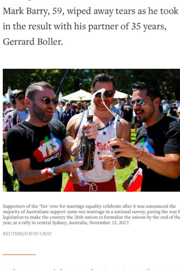 Stephen Brook captured by Reuters photographer David Gray celebrating the marriage equality yes vote.