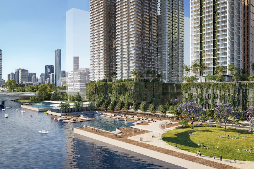 An artist's impression of riverside site with right rise buildings and a park.