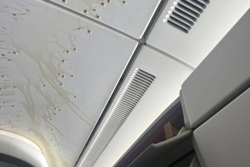 Droplets of coffee dripping down the sides of the plane ceiling.