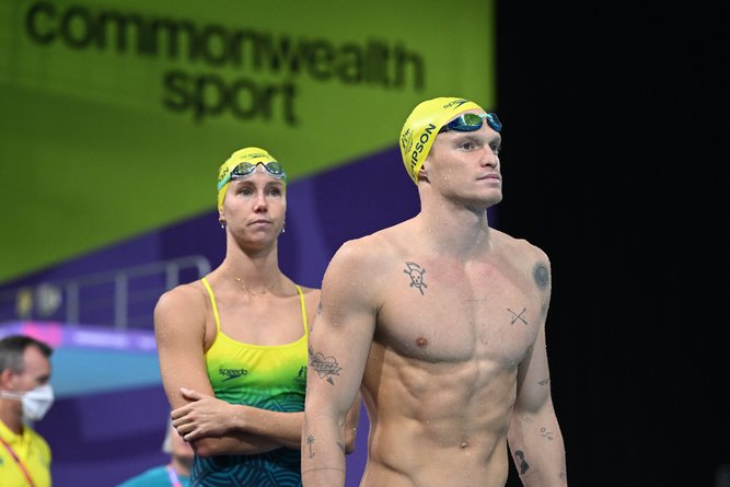 Cody Simpson and former partner Emma McKeon during Australian Swim Team training ahead of the XXII Commonwealth Games at the Sandwell Aquatics Centre in Birmingham, England, Wednesday, July 27, 2022. 