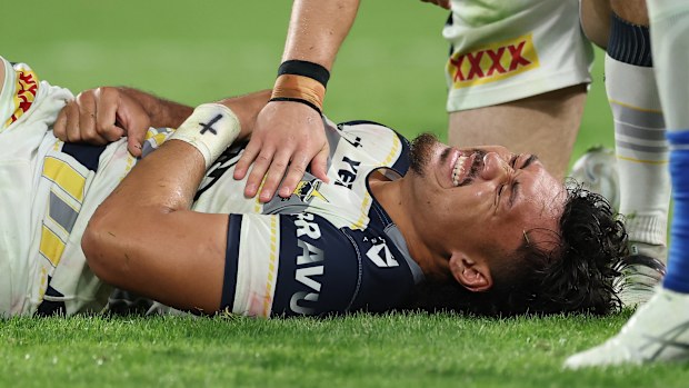 SYDNEY, AUSTRALIA - MAY 01: Jeremiah Nanai of the Cowboys reacts to an injury during the round nine NRL match between the Canterbury Bulldogs and North Queensland Cowboys at Accor Stadium on May 01, 2026 in Sydney, Australia. (Photo by Darrian Traynor/Getty Images)