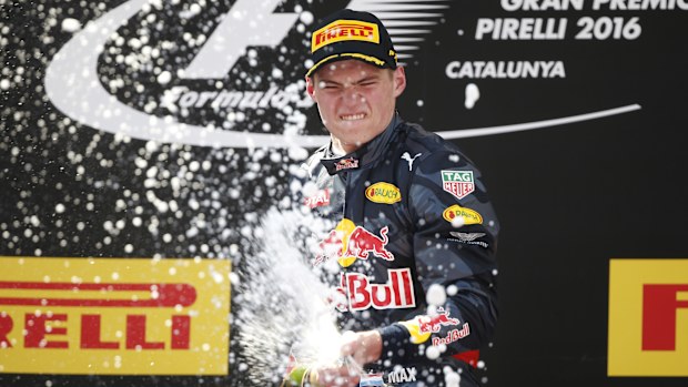 Circuit de Catalunya, Barcelona, Spain. Sunday 15 May 2016. Max Verstappen, Red Bull Racing, 1st Position, sprays the victory Champagne. (Photo by Glenn Dunbar/LAT Images)