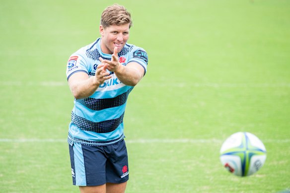 Damien Fitzpatrick in training for the Waratahs, during his playing days in 2019.