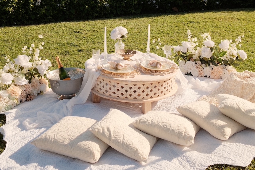 A picnic set up at a reserve overlooking the Sydney Harbour Bridge.