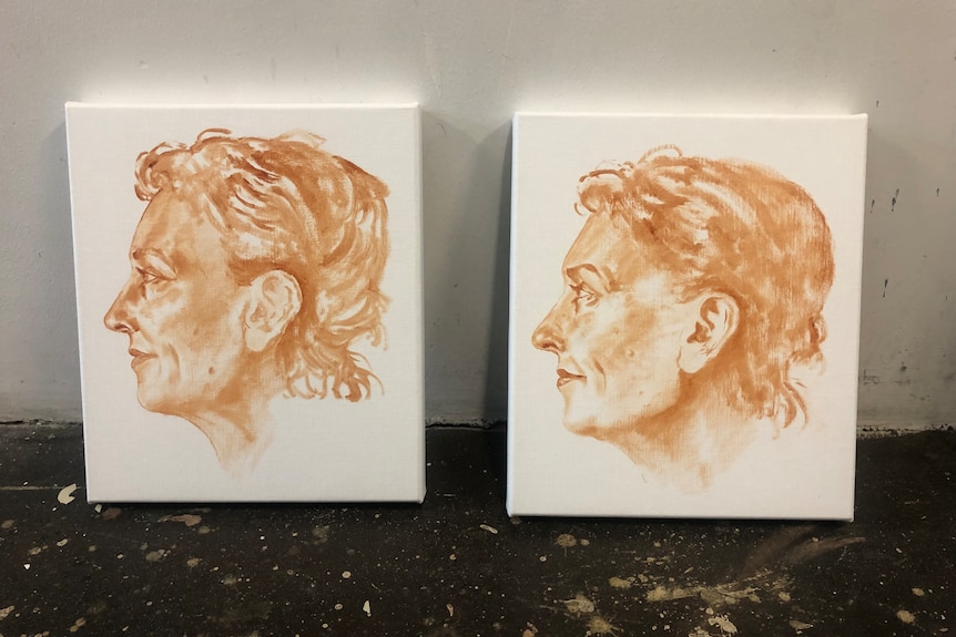 Two portrait studies of Virginia Trioli's head in tan-coloured paint