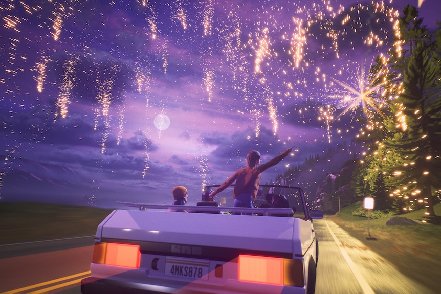 An animated still of people in a car driving down a road with fireworks in the sky.