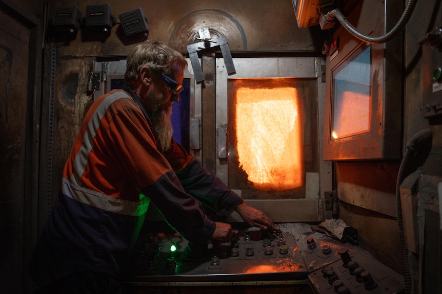 A worker operating the furnace at the Whyalla steelworks.