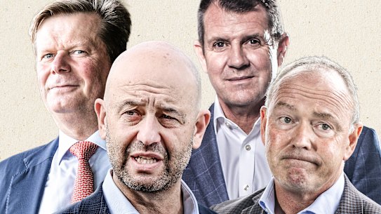 From left to right: Cricket NSW chairman John Knox, Cricket Australia CEO Todd Greenberg, Cricket Australia chairman Mike Baird and Cricket NSW CEO Lee Germon. 
