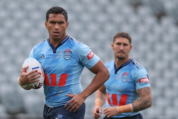 Jacob Saifiti trains with the Blues squad on Saturday.