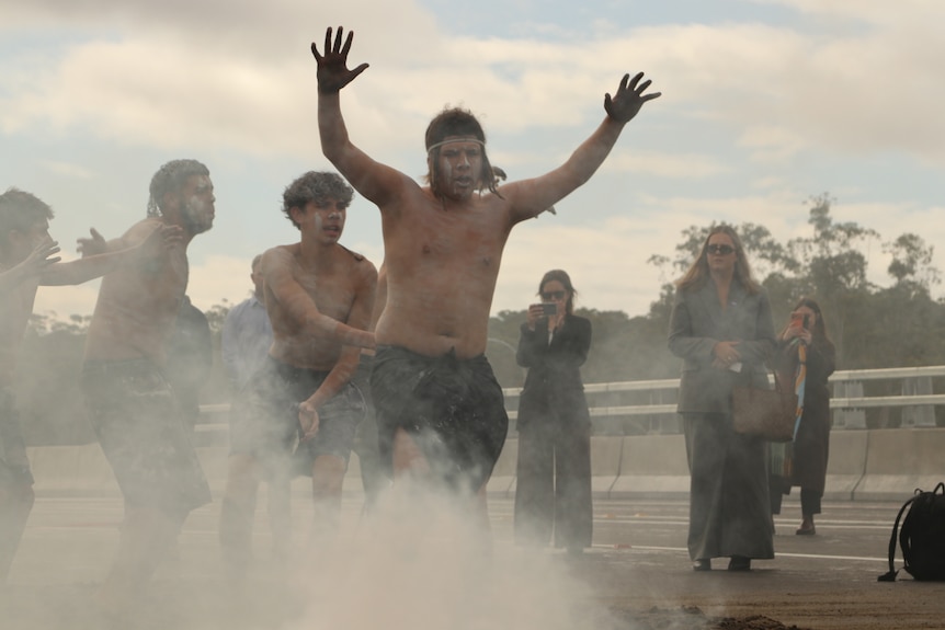 traditional dancers from performers with the First Nations organisation Gadhungal Marring.