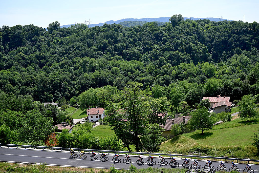 PIANCAVALLO, ITALY - MAY 30: A general view of the peloton passing through a landscape during the 109th Giro d&amp;apos;Italia 2026, Stage 20 a 200km stage from Gemona del Friuli to Piancavallo 1289m / #UCIWT / on May 30, 2026 in Piancavallo, Italy. (Photo by Tim de Waele/Getty Images)