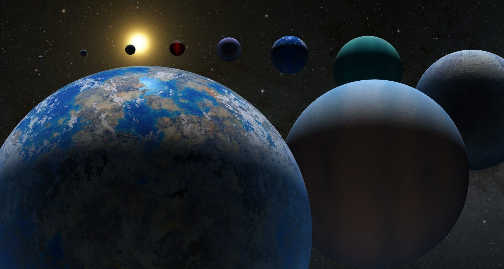 A series of illustrated worlds orbit next to each other through space.
