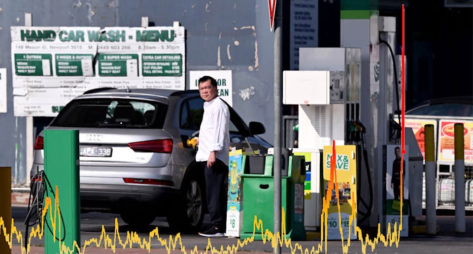 Man fills up car at Australian service station. 