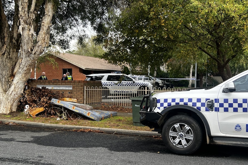 two police cars outside a block of units with rubbish and a mattress next to a tree