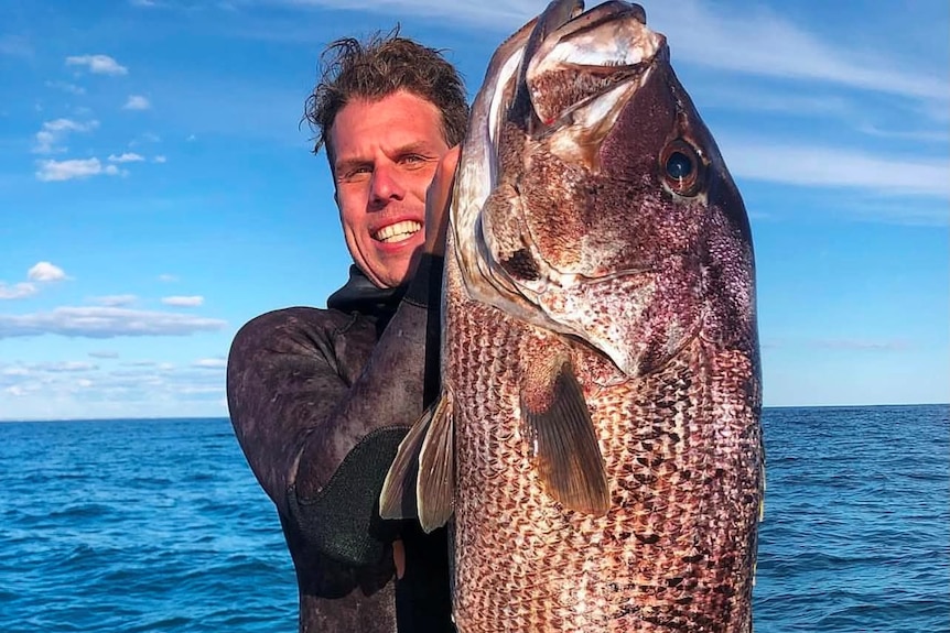 A man on a boat holding a large fish.