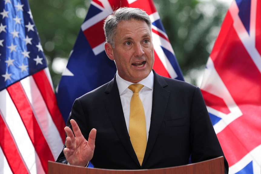 Richard Marles speaks during an AUKUS defence ministers' press huddle.