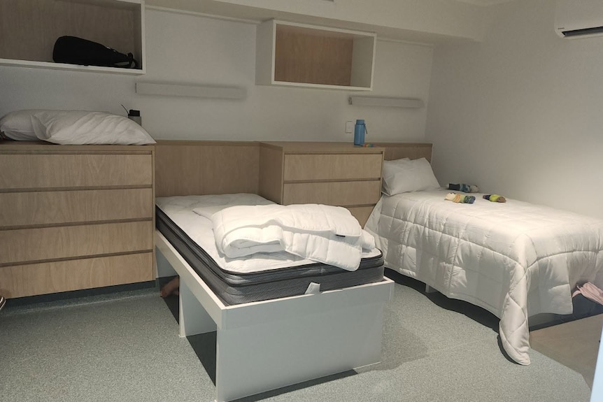 Two single beds inside the Bullsbrook COVID quarantine centre.