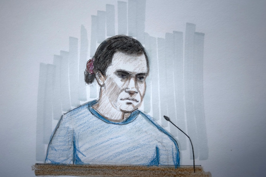 A sketch of a woman in a blue t-shirt with dark hair