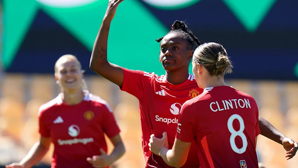 Melvine Malard of Manchester United celebrates scoring her team's first goal of the inaugural World Sevens with teammate Grace Clinton