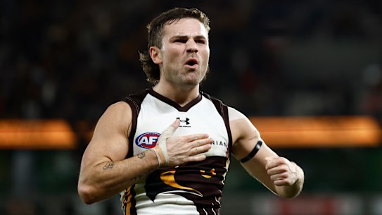 Nick Watson celebrates a goal during the Hawks’ clash with the Saints in round 12.