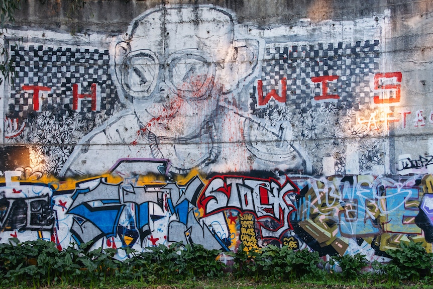 A stylised image of a person, along with the words "death wish" graffitied on a concrete storage tank.