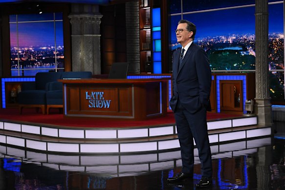 Stephen Colbert addresses the audience during the final episode of The Late Show on Thursday night (US time). 