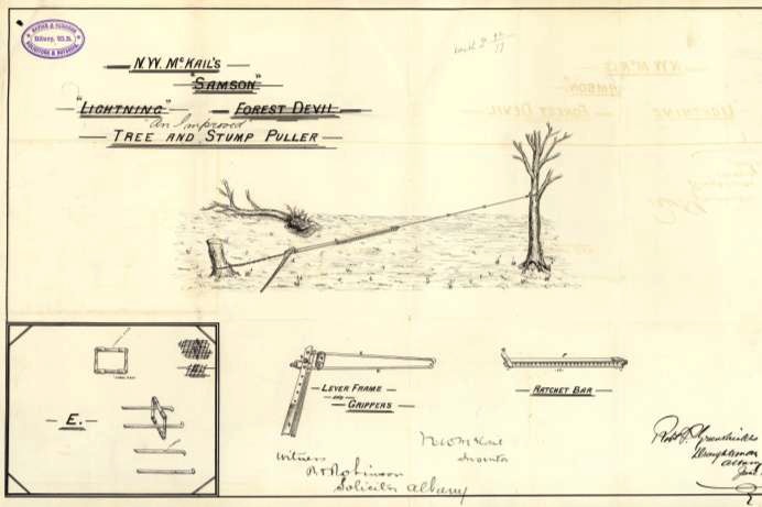 A pencil drawing for a patent application for a design for an improved tree and stump puller, 1892.