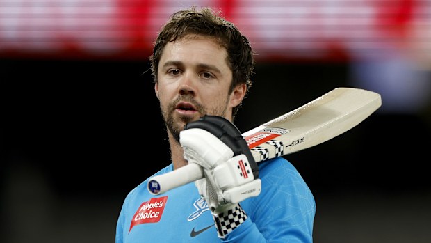 Travis Head of the Strikers warms up ahead of the Men's Big Bash League match between the Melbourne Renegades and the Adelaide Strikers at Marvel Stadium, on January 24, 2023, in Melbourne, Australia. (Photo by Jonathan Di Maggio - CA/Cricket Australia via Getty Images)