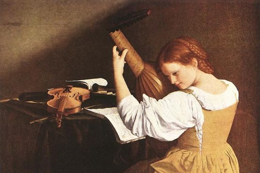 Italian composer Francesca Caccini seated and playing a lute with back turned.
