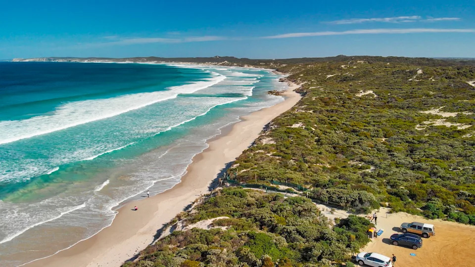 Kangaroo Island, Australia. Pennington Bay waves and coastline, aerial view from drone.