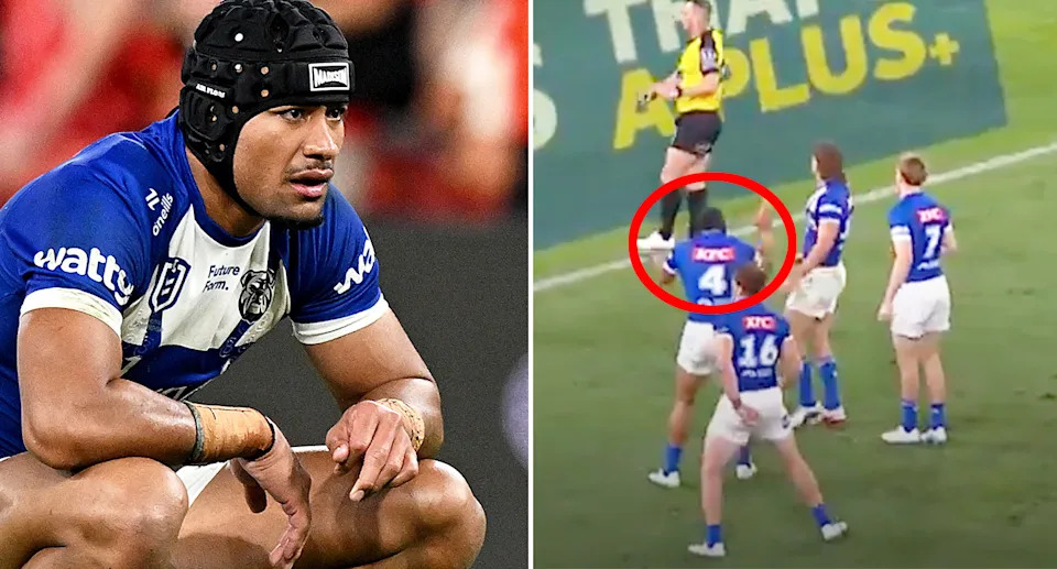 On the left is Bulldogs captain Stephen Crichton and delivering a spray for teammate Lachie Galvin on right.