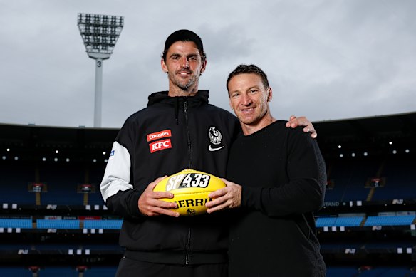 Scott Pendlebury will pass North Melbourne champion Brent Harvey’s games record on Saturday. 